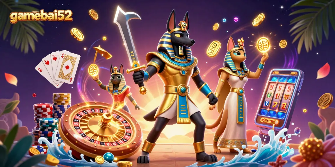 Experience gamebai52 excitement with Anubis and Bastet in a dynamic casino scene!