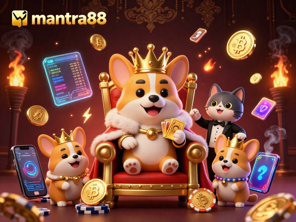 Experience thrilling gameplay at mantra88 with a regal corgi in a vibrant casino setting.