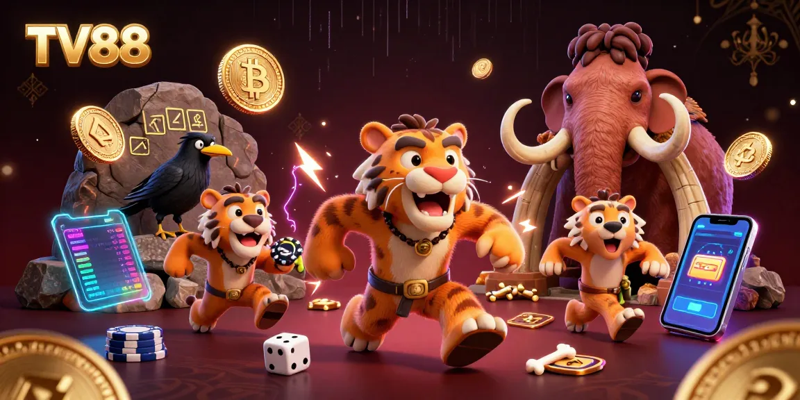 Experience thrilling gameplay with TV88 in a vibrant prehistoric casino scene, featuring diverse gaming elements.