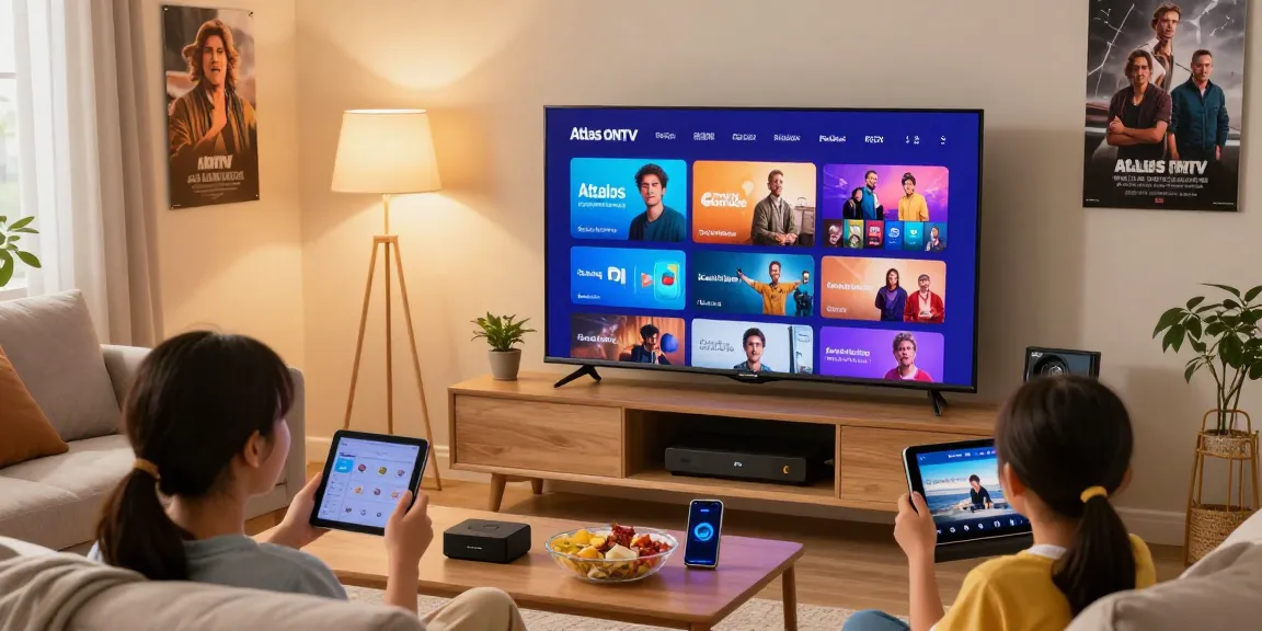 Enjoying Atlas Pro IPTV streaming in a cozy home entertainment setup with smart TV and family.