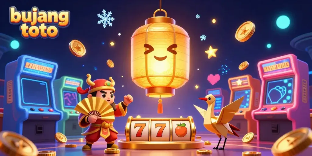 Experience the excitement of bujang toto with this vibrant casino illustration showcasing golden lanterns and slot reels.