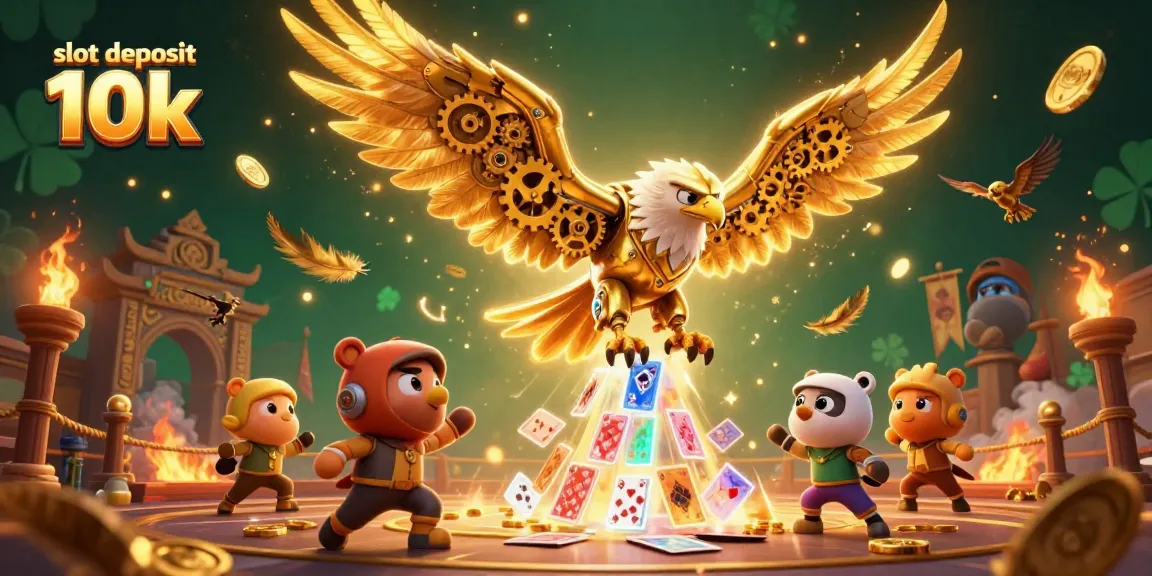 Experience thrilling action in a vibrant scene showcasing slot deposit 10k characters diving through holographic coins and cards.