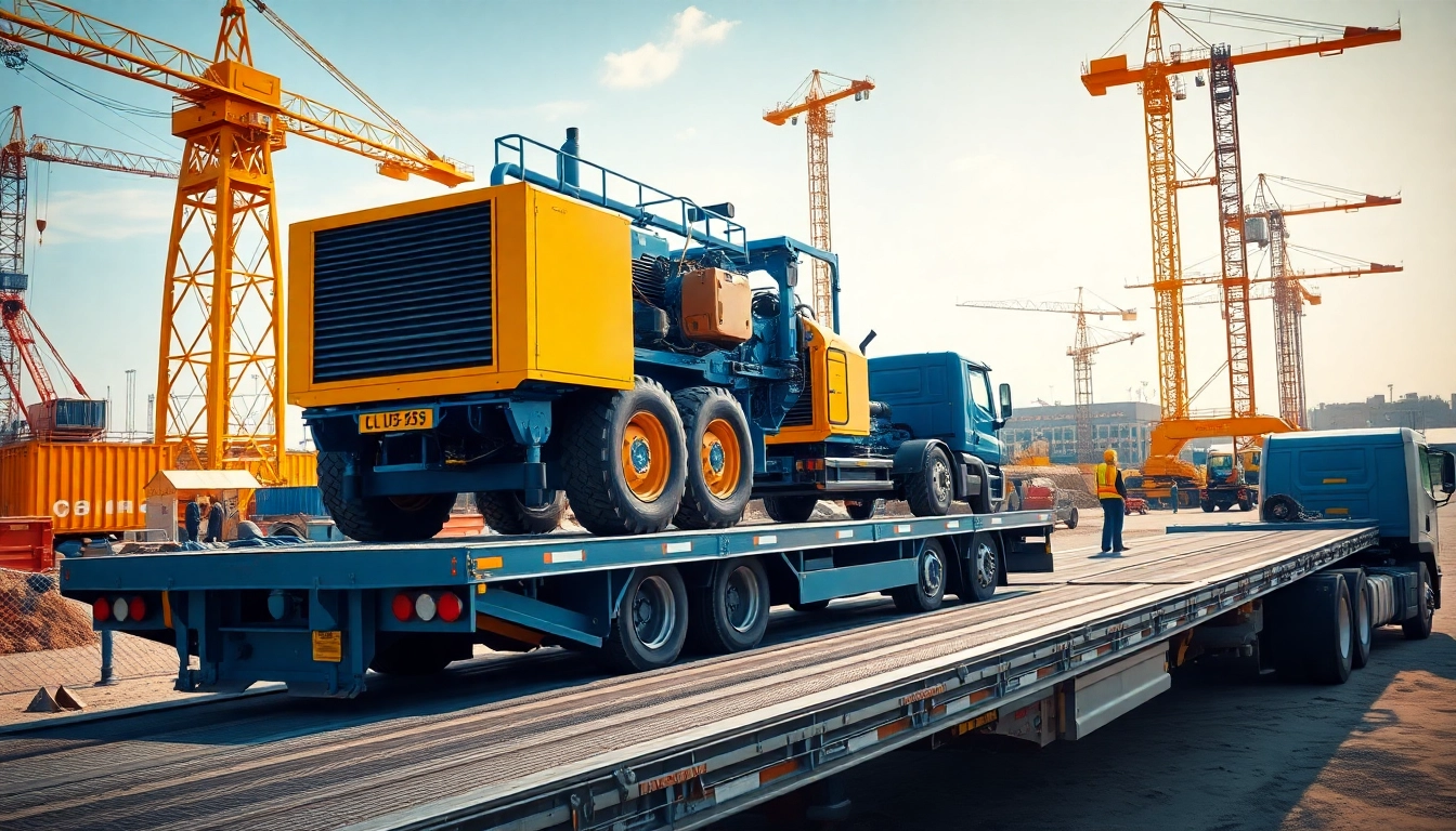 Efficient equipment transportation of heavy machinery on a flatbed truck at a construction site.