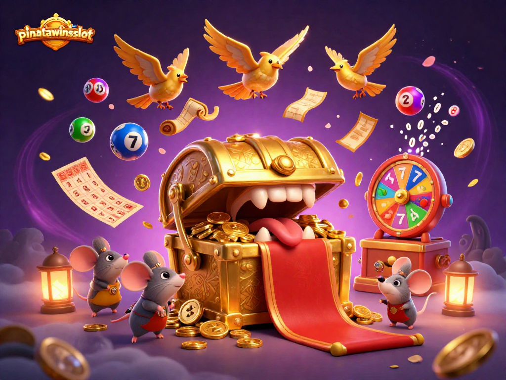 Spin to win with pinatawinsslot as adventurer mice seek riches amidst colorful lottery elements.