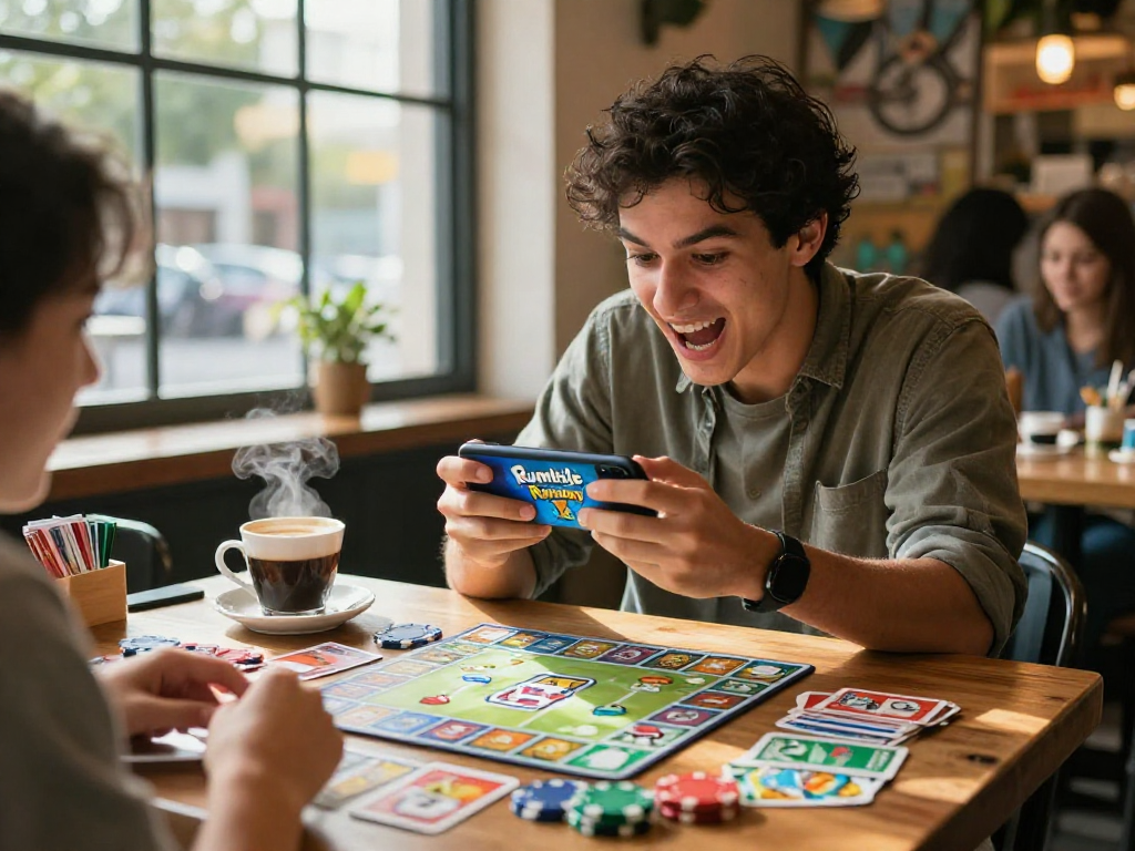 Excited player enjoying ramble rummy in a cozy cafe with cards and coffee.