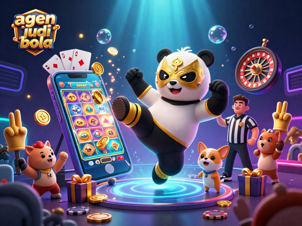 Experience thrilling agen judi bola action in a vibrant 3D illustration with panda and chihuahua characters.