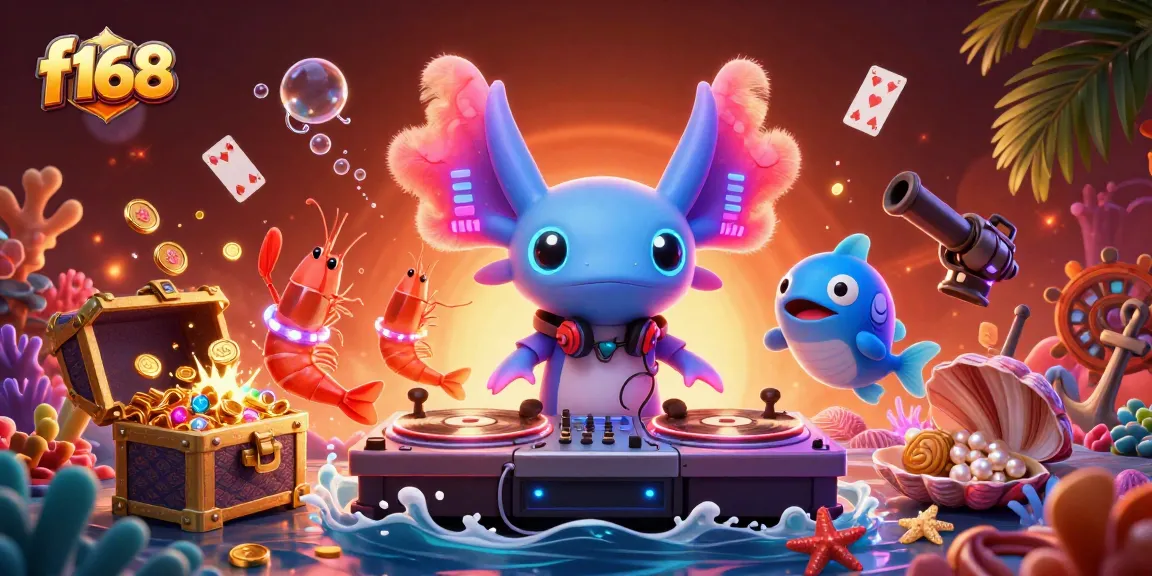 Experience the vibrant energy of f168 with a neon-themed casino scene featuring an axolotl DJ and friends.
