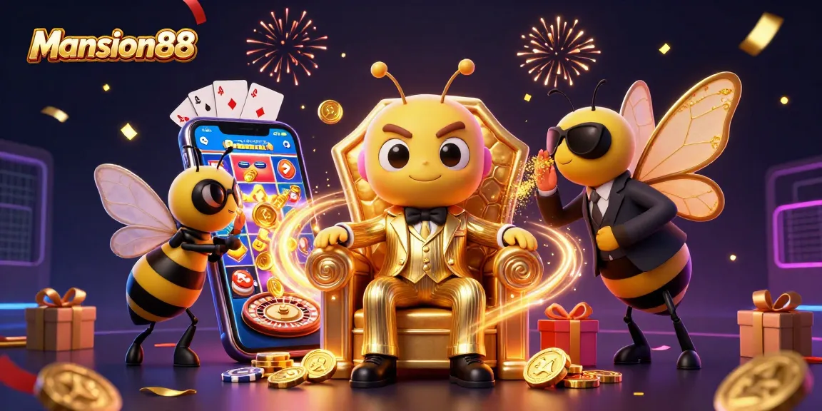 Mansion88 offers thrilling slot adventures with a vibrant 3D casino scene showcasing diverse gaming elements.