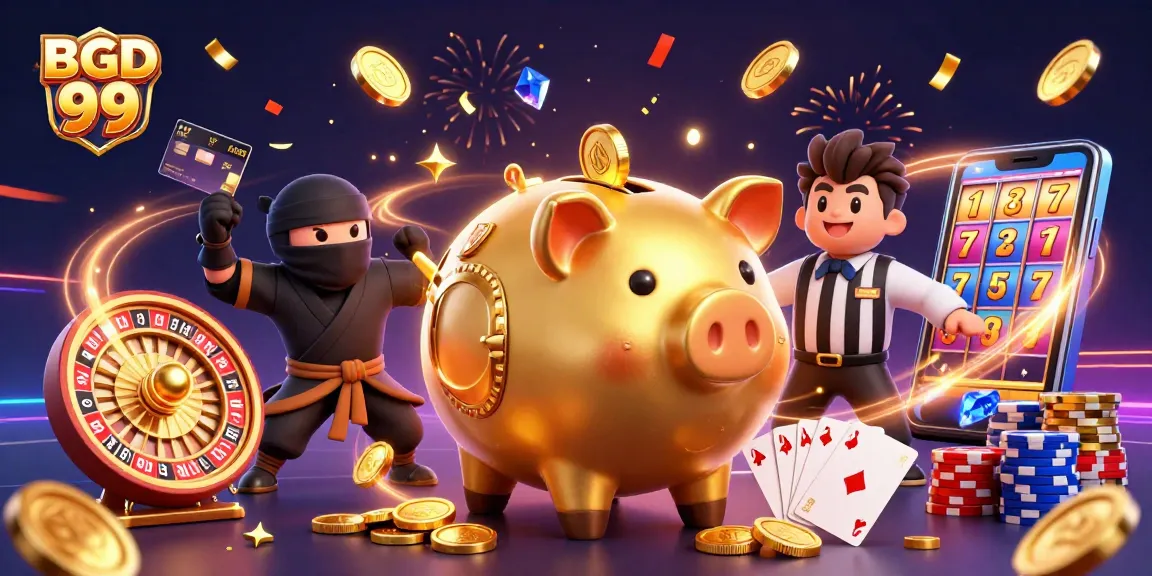Experience the thrilling BGD 99 casino scene with a sumo wrestler, ninja, and vibrant gaming elements.