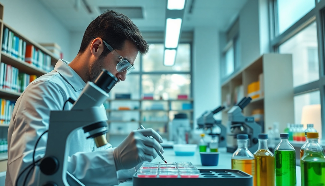Analyzing amc peptide samples in a professional lab setting with precise instruments and cool tones.
