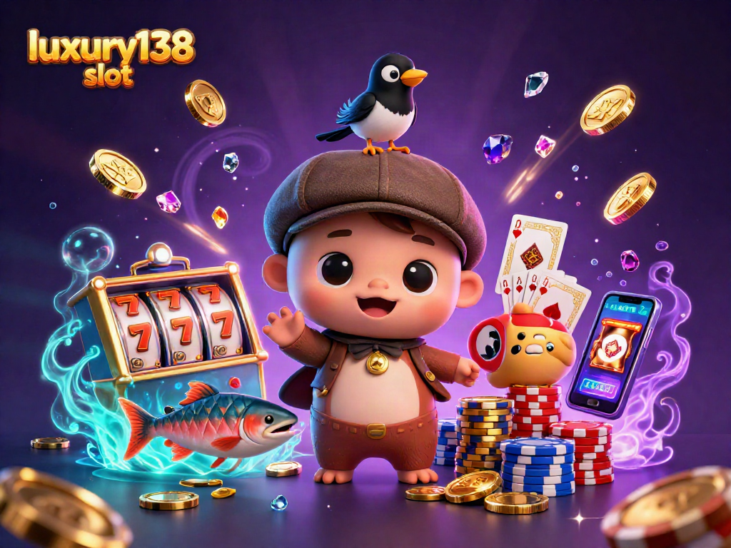 Permainan slot luxury138 slot dengan karakter lucu, koin emas, dan efek cahaya memukau.