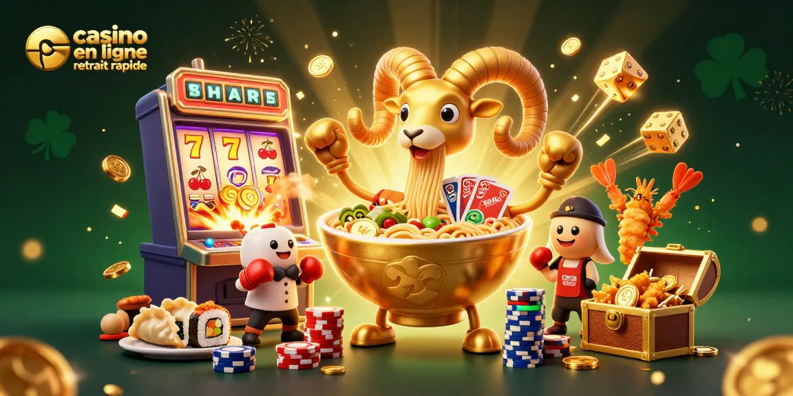 Visualiser une scène animée de casino avec un ramen doré et gyoza, mettant en avant le casino en ligne retrait rapide.