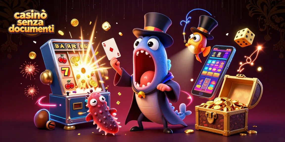 Gioca nei casinò senza documenti con l'anguilla gulper che esegue trucchi di magia circondato da slot machine e simboli fortunati.