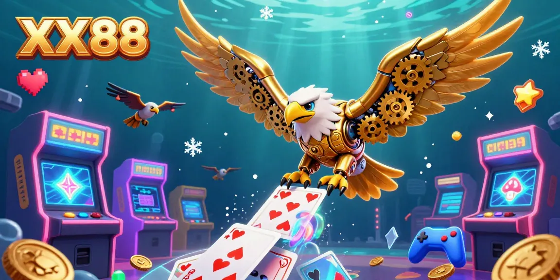 Experience thrilling action at XX 88 with a vibrant casino scene featuring a mechanical golden eagle and dynamic gaming elements.