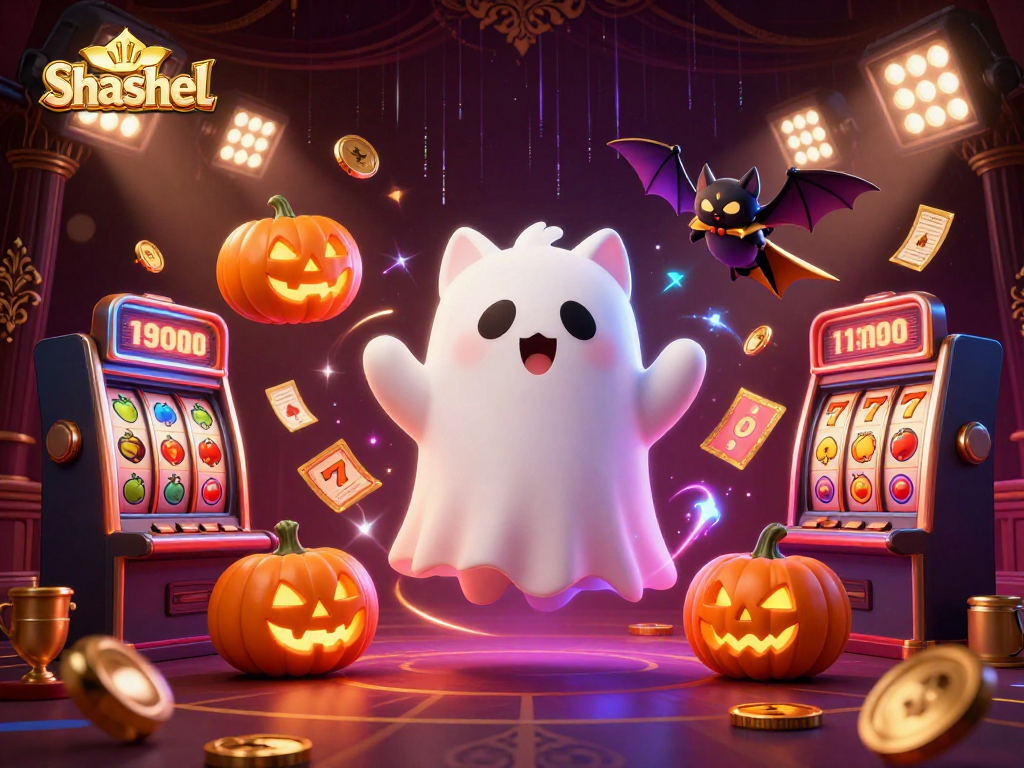 Engage in thrilling gameplay featuring Shashel with a ghost cat, bat companion, and slot machine elements.