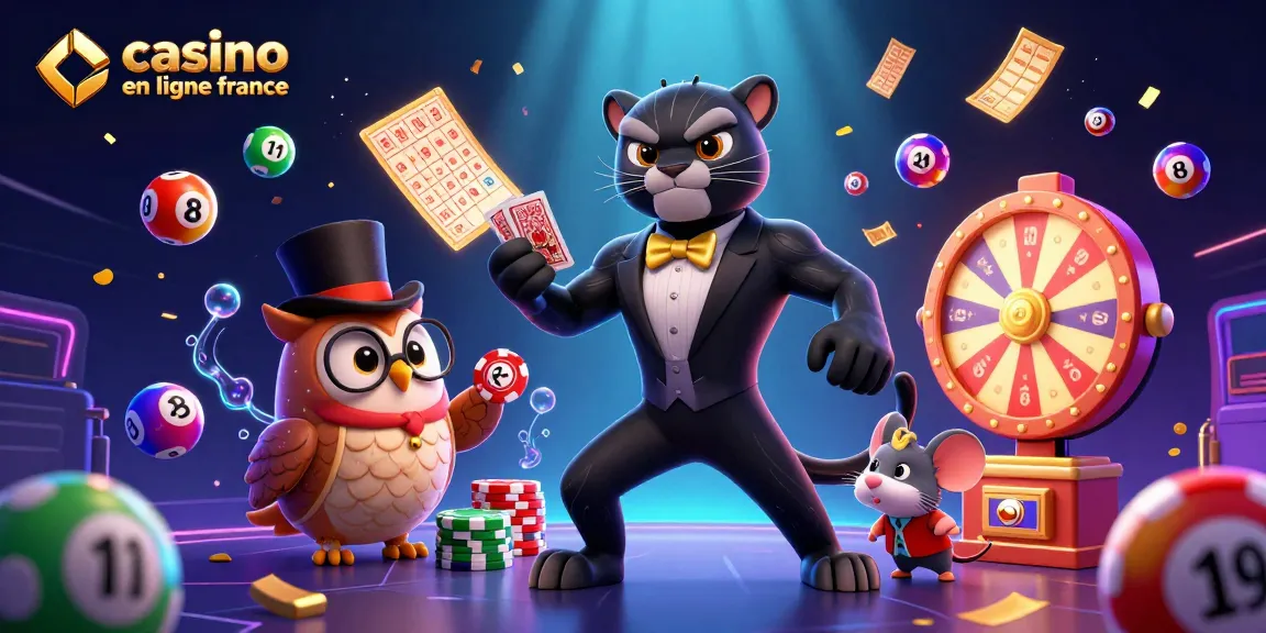 Illustration dynamique sur le casino en ligne France mettant en scène une panthère élégante, une chouette et une souris chanceuse.