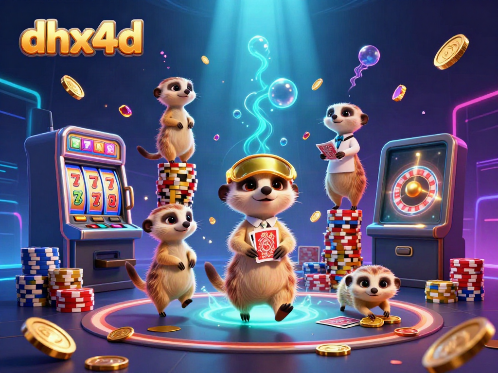Meerkat bermain di kasino DHX4D dengan banyak koin emas dan grafik RTP yang menarik.