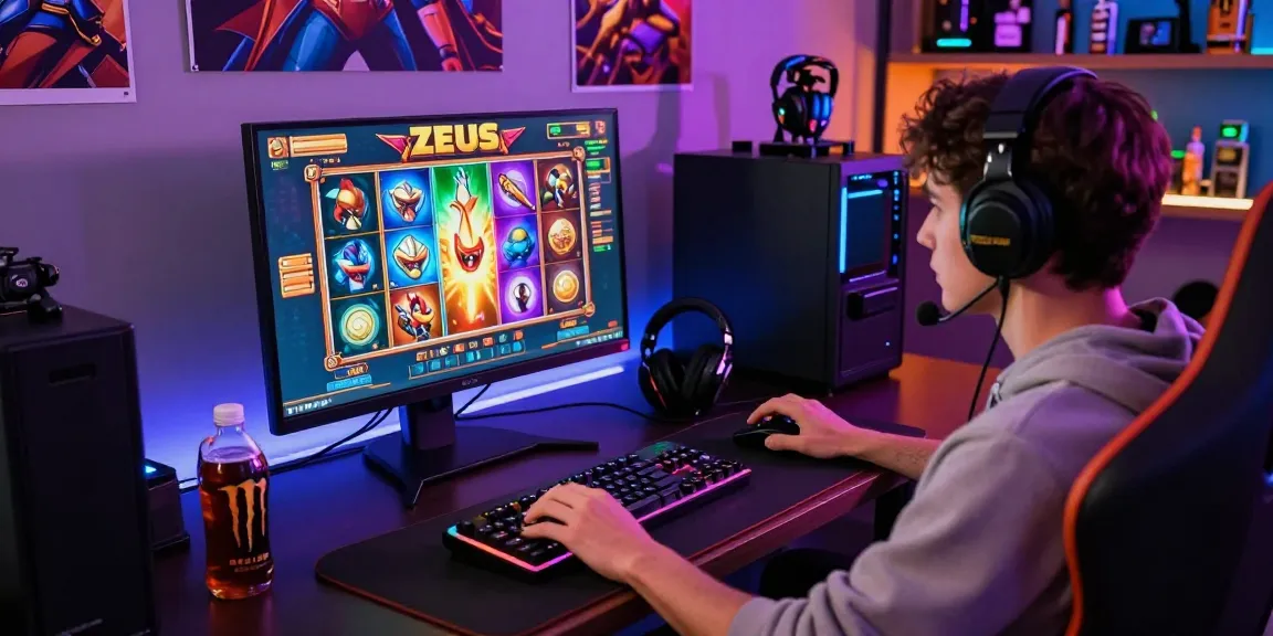 Player enjoying slot zeus game on a sleek gaming setup with vibrant colors and atmospheric decor.