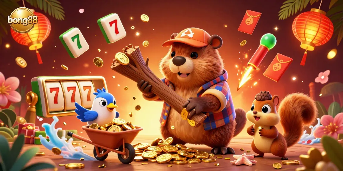 bong88 shows a lively illustration of a beaver, bird, and squirrel collecting coins in a vibrant casino atmosphere.