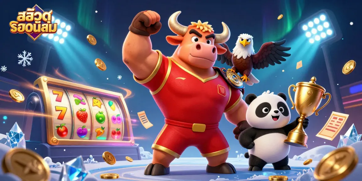 Engage with สล็อตยอดนิยม in a vibrant 3D scene showcasing a bull mascot, eagle champion, and panda with trophy.