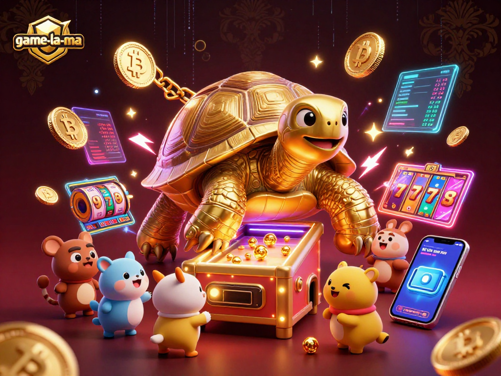 Play exciting games at game-la-ma with a colossal tortoise pinball machine and vibrant slot reels.