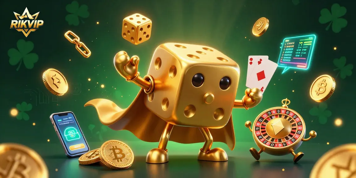 Experience the excitement of RIKVIP with a dynamic 3D casino-themed illustration showcasing virtual gaming.