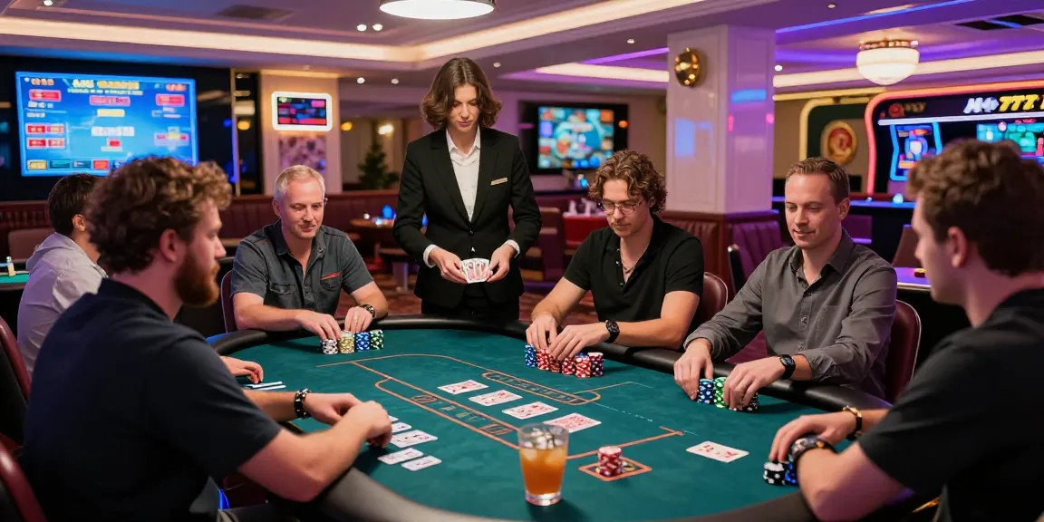 Pengalaman bermain LUXURY777 di kasino mewah dengan pemain poker, chip, dan suasana meriah.