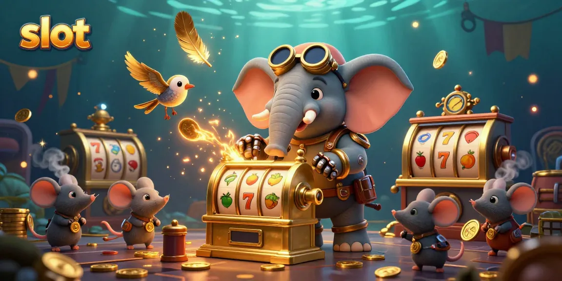 Putaran slot yang memikat dengan karakter kartun gajah steampunk dan mesin slot berkilau.
