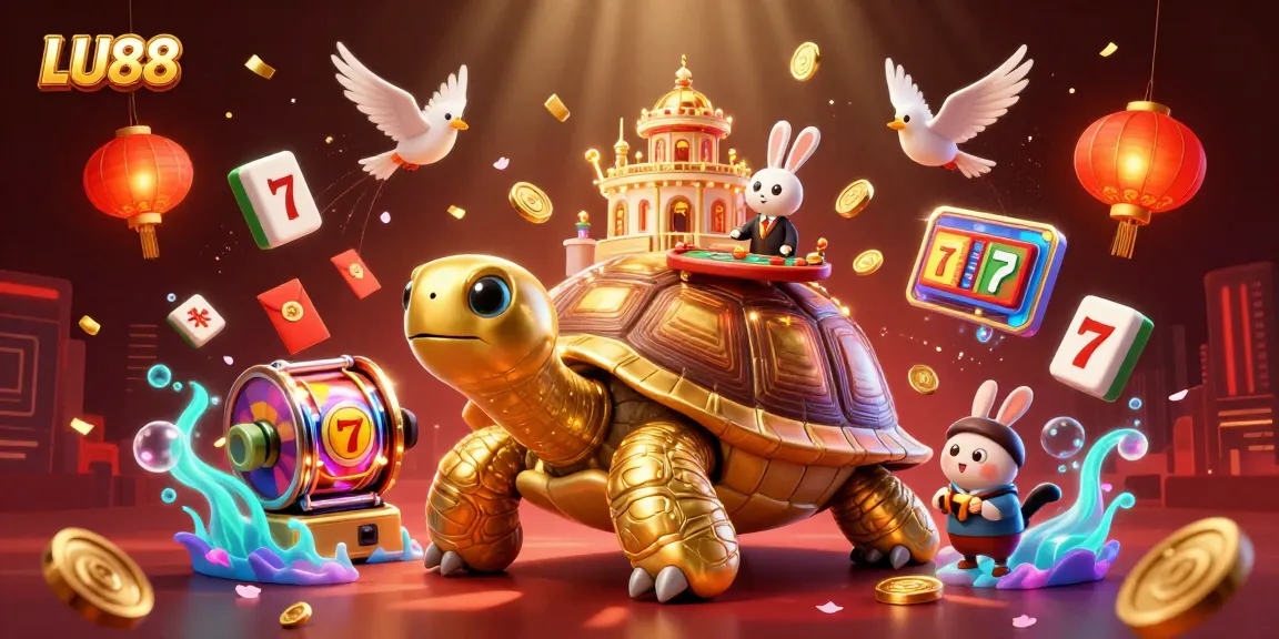 LU88 showcases a vibrant casino scene with floating mahjong tiles and a lucky tortoise dealer.