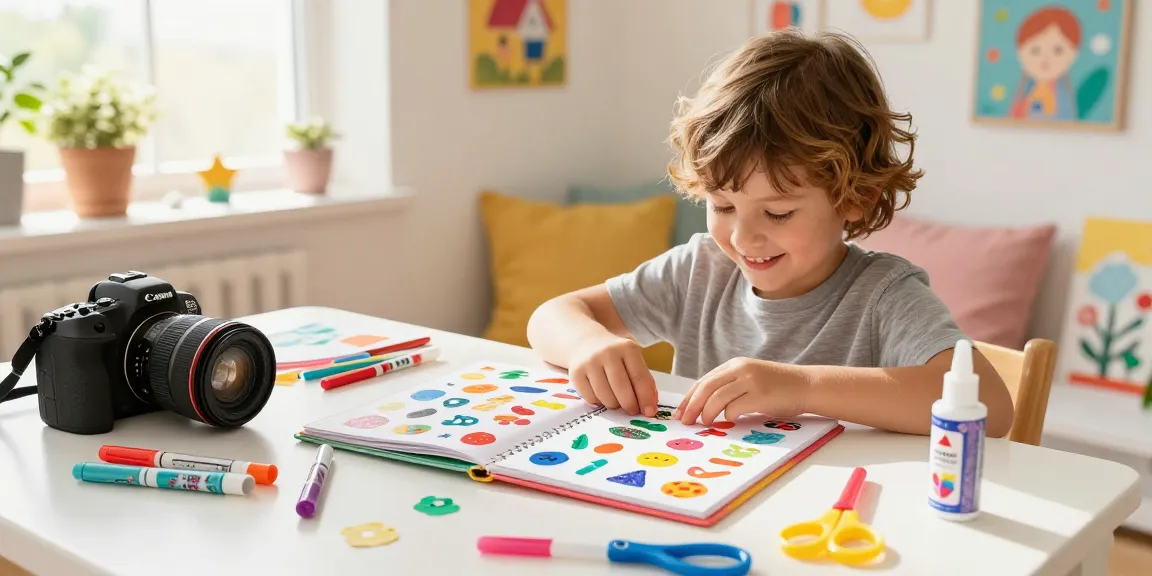 Child creating art with a reusable sticker book, surrounded by craft supplies in a sunny playroom.