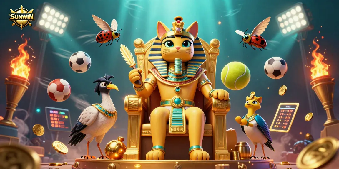 SUNWIN captivates with an Egyptian-themed scene featuring a pharaoh cat, an ibis, and animated sports elements.