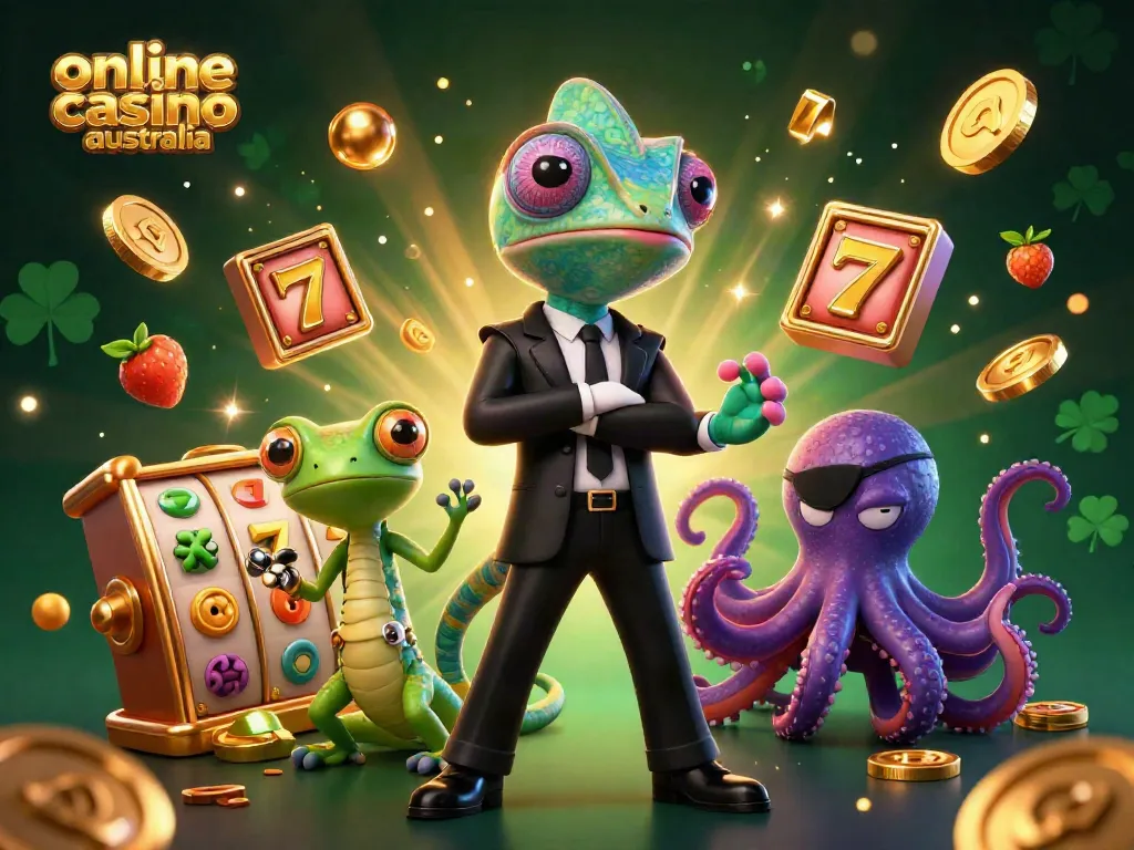 Engage with the thrilling world of online casino Australia through this vibrant illustration showcasing dynamic characters and slot elements.