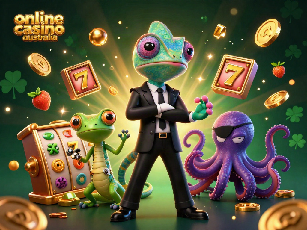 Engage with the thrilling world of online casino Australia through this vibrant illustration showcasing dynamic characters and slot elements.