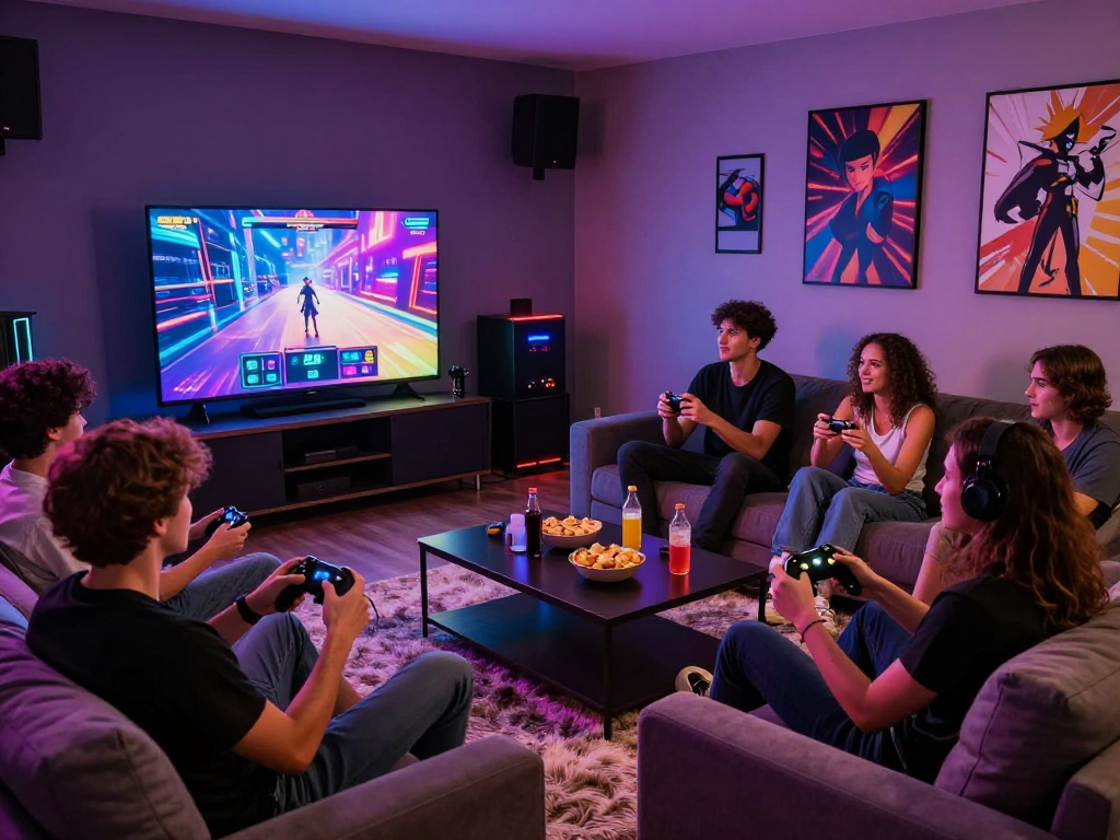 Engaged friends playing a porn game together in a vibrant gaming lounge.