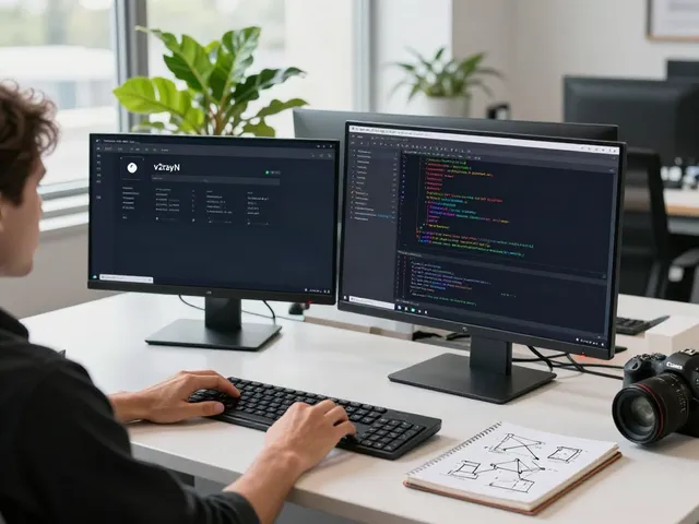 Developer using v2rayN in a bright tech workspace with dual monitors and a modern aesthetic.