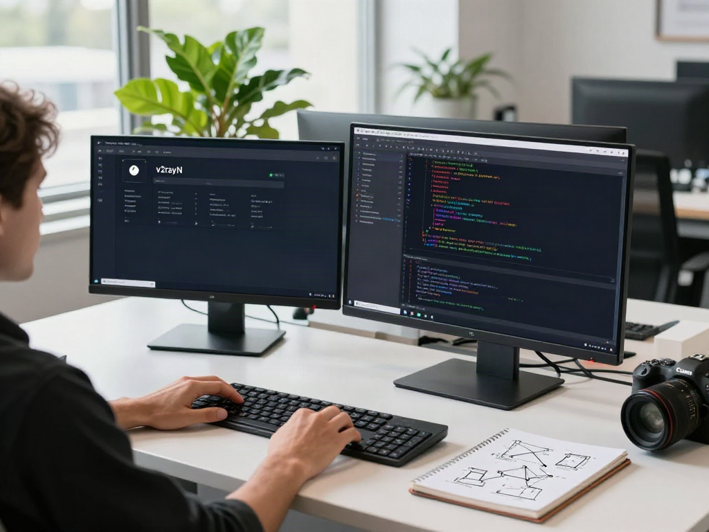 Developer using v2rayN in a bright tech workspace with dual monitors and a modern aesthetic.