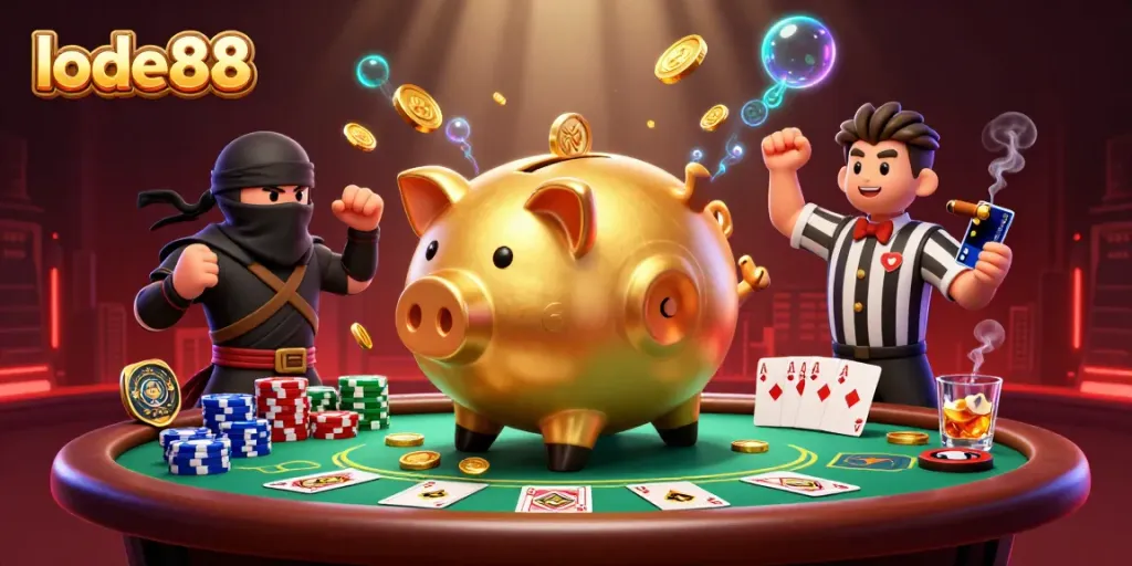Engage with lode88's dynamic casino scene featuring a piggy bank sumo wrestler and poker elements.