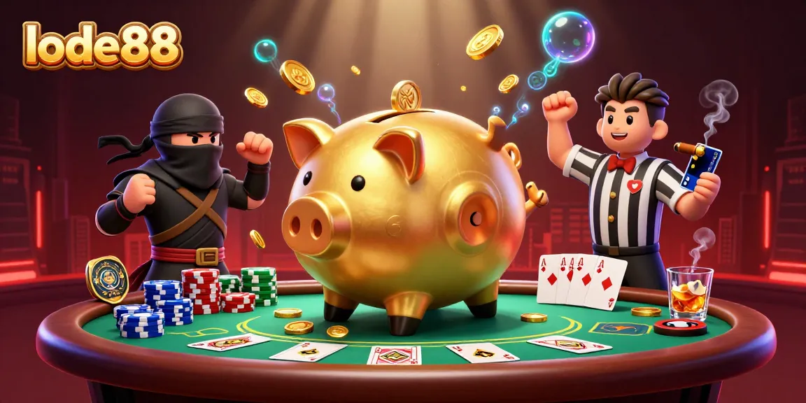 Engage with lode88's dynamic casino scene featuring a piggy bank sumo wrestler and poker elements.