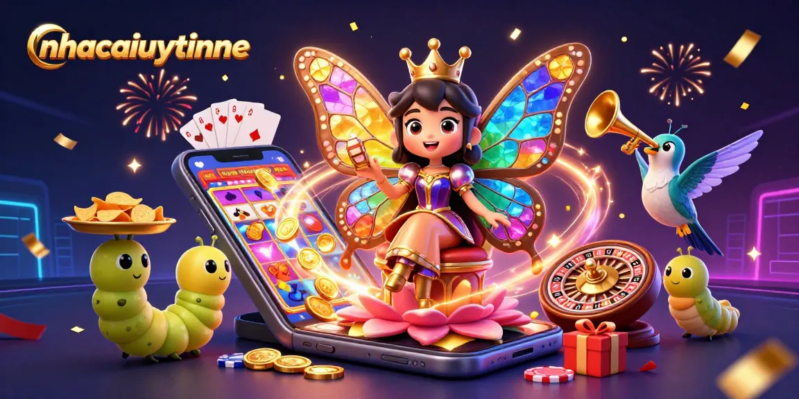 Experience exciting gameplay at nhacaiuytinne with a vibrant 3D gambling-themed illustration.