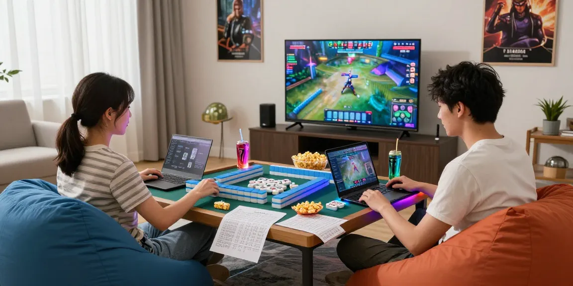Engaged friends enjoying MAHJONGJP88 Online game at home with snacks.