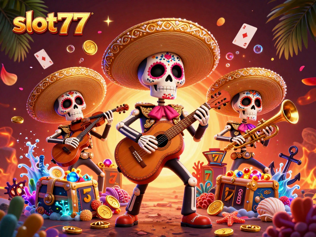 Experience thrill at slot777 with a vibrant mariachi band amidst lively slot symbols and treasures.