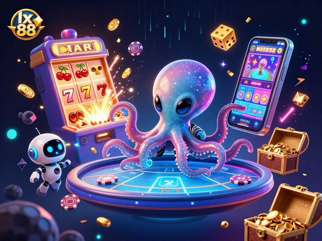 Engage with lx 88's dynamic casino experience featuring an alien octopus at a holographic poker table.