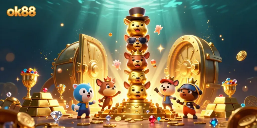 Engage in exciting gameplay with ok88 at this vibrant casino-themed illustration featuring dynamic characters and rich gold treasures.