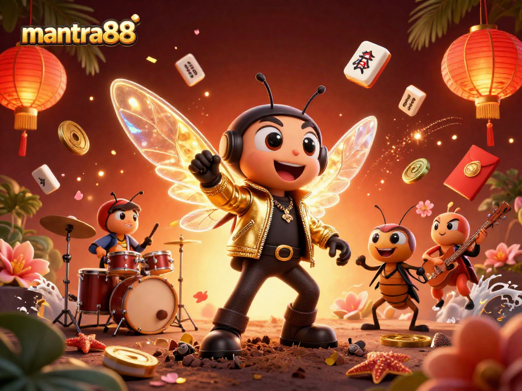 Experience the excitement of mantra88 with a vibrant 3D illustration of a rock star cicada at a casino.