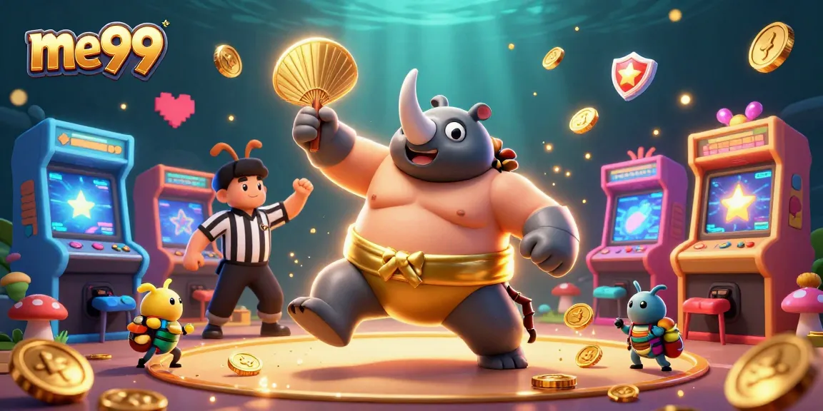Engage in thrilling action at me99 casino with a vibrant scene featuring a sumo beetle champion and dynamic game elements.