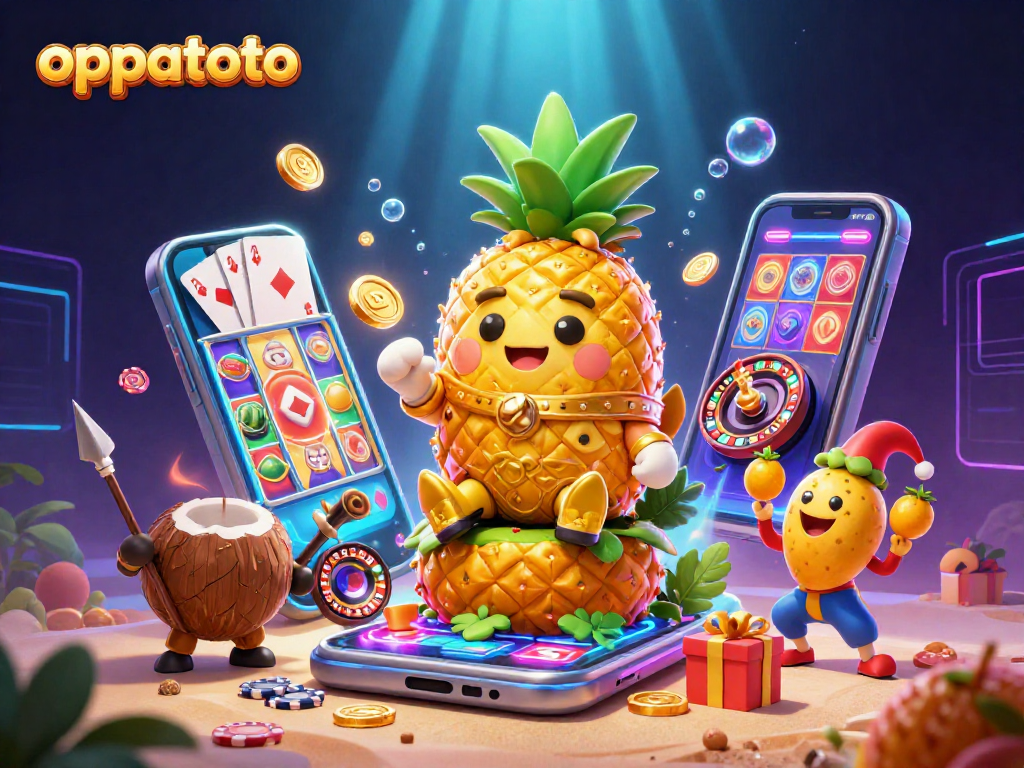 Experience the excitement of oppatoto with the golden pineapple king and vibrant casino elements.