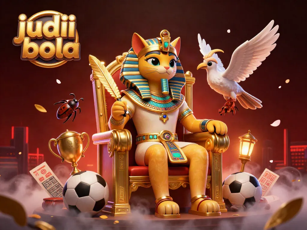 Ilustrasi judi bola dengan kucing firaun dan elemen taruhan dalam suasana dinamis.
