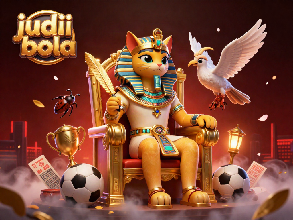 Ilustrasi judi bola dengan kucing firaun dan elemen taruhan dalam suasana dinamis.