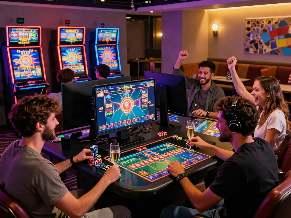 Exciting gaming night with friends enjoying สล็อตเว็บตรง at a stylish online casino.