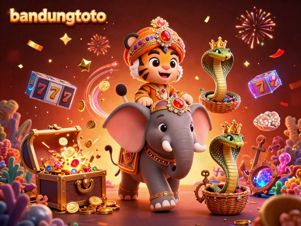 Engage in an exhilarating gaming experience with bandungtoto, featuring a tiger, elephant, and cobra among casino symbols.